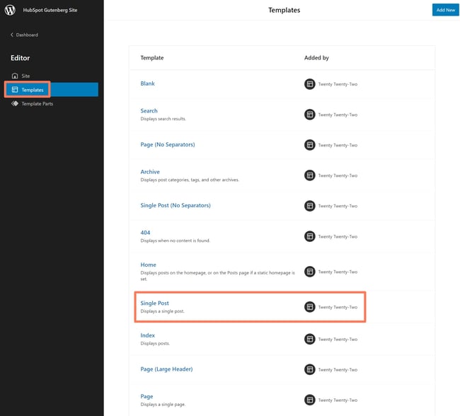 Selecting single post template in Gutenbeg editor